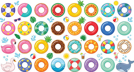 Inflatable pool float rings vector set with colorful summer swim tubes donut fruit flamingo shapes for beach water party vacation ©  Jahangir
