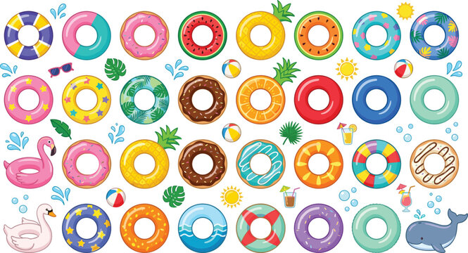 Inflatable pool float rings vector set with colorful summer swim tubes donut fruit flamingo shapes for beach water party vacation