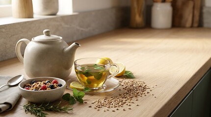 Fototapeta premium A healthy breakfast with a bowl of granola and a cup of herbal tea with mint on a kitchen table. low caffeine tips