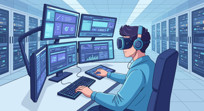 Man wearing VR headset working on multiple computer monitors in server room.