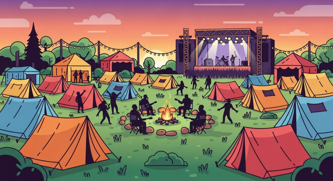 Music festival camping scene with tents