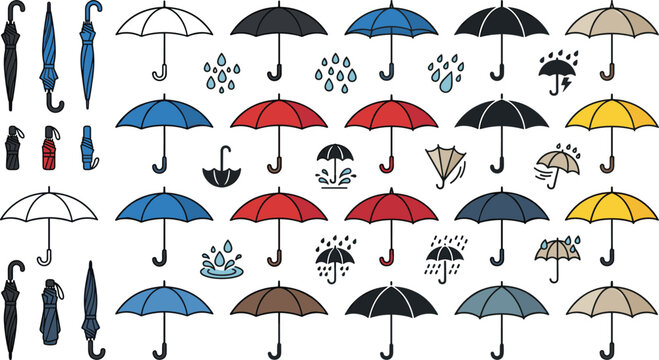 Umbrella vector icon set featuring colorful open and folded umbrellas rain drops and autumn weather protection elements for design