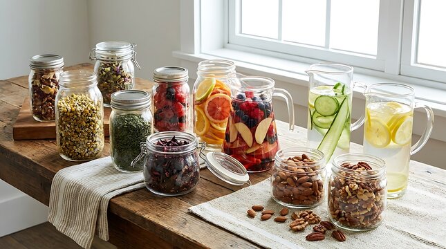 Assorted glass jars with healthy snacks nuts and fruit infused water drinks on a wooden table. low caffeine tips