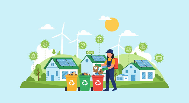 Woman recycling waste in front of eco-friendly houses with solar panels and wind turbines.