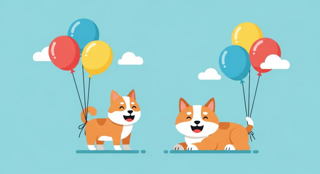 Two happy corgis with colorful balloons