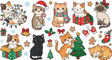 Naklejka premium Cute Christmas cats vector collection with holiday elements santa hat christmas tree lights gifts gingerbread cookies and winter decorations