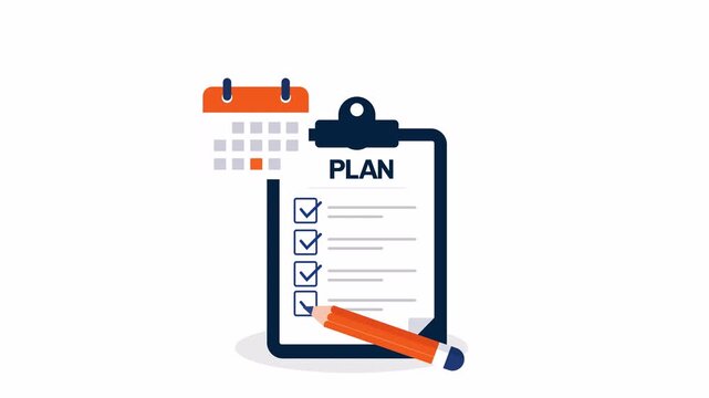 Business planning checklist with clipboard, calendar, completed tasks and pencil, vector flat 2d illustration isolated on transparent background with alpha channel