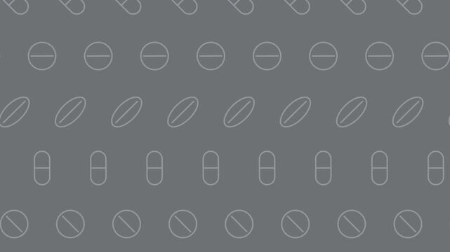 Minimalist medical background animation featuring a seamless looping pattern of grey pill and capsule line icons sliding diagonally across a dark grey backdrop, perfect healthcare template