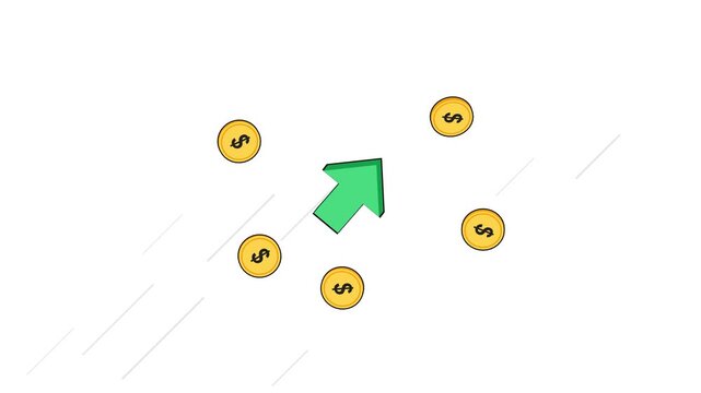 Minimalist business background animation featuring a green arrow pointing up surrounded by floating golden dollar coins on a clean white backdrop, perfect financial success growth loop