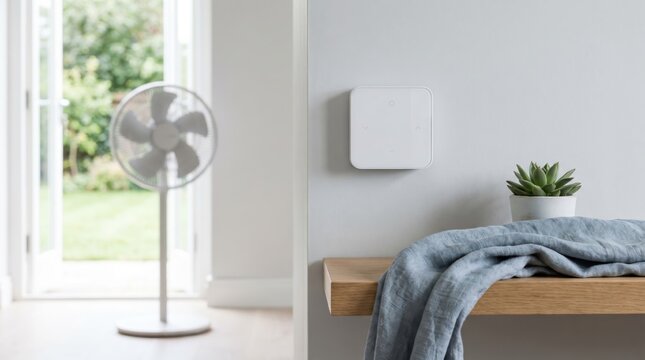 Smart home thermostat controller mounted on a modern interior wall with a fan and succulent plant, representing energy efficiency and climate control technology