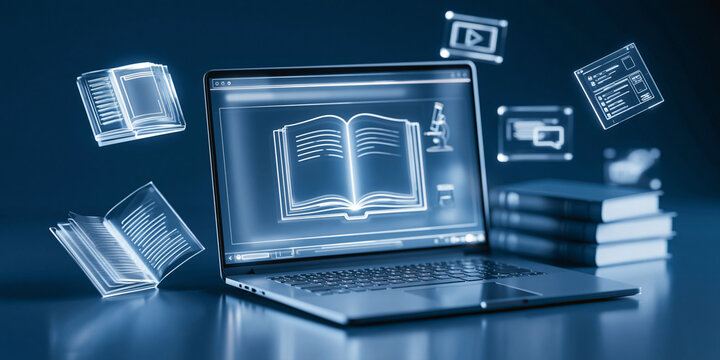 Digital e-learning with holographic textbooks on laptop