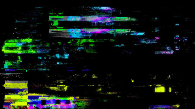Abstract digital glitch background with horizontal scanlines, static noise, and signal interference on black. Futuristic tech texture useful for screens, overlays, distortion effects