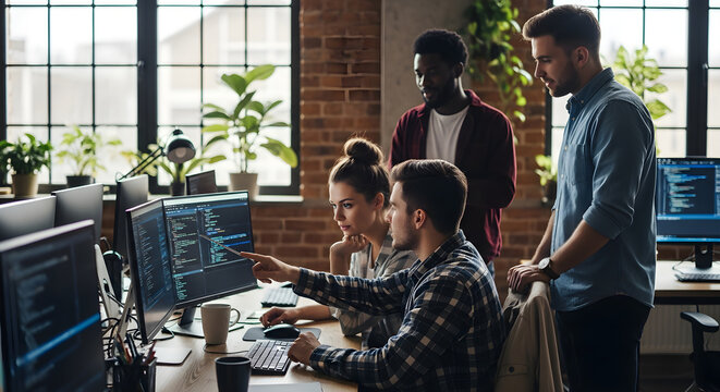 Diverse software developers collaborating on coding project in modern office