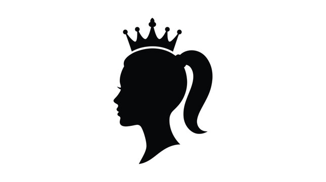Minimalist black vector illustration showing a side profile of a woman wearing a royal crown