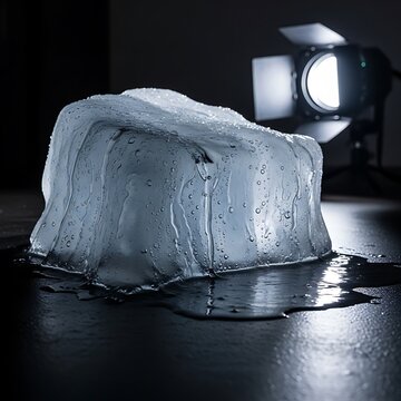 Ice Block Beneath Studio Light On Dark Surface.
