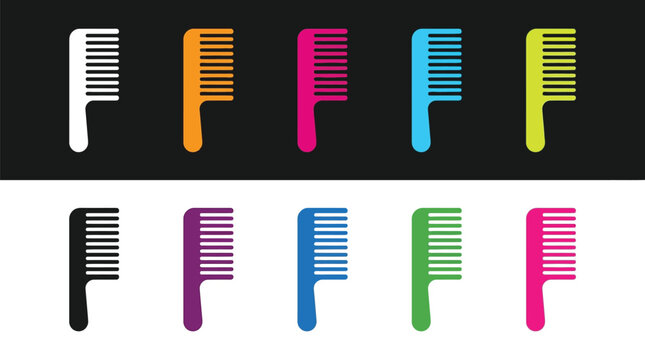 Vibrant collection of colorful hair comb vector illustrations arranged in two neat horizontal parallel rows