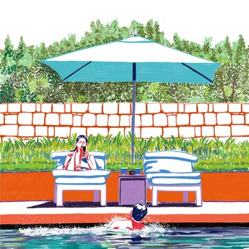 Flat lay illustration of a couple enjoying a relaxing vacation at a swimming pool, woman looking at smartphone and man swimming