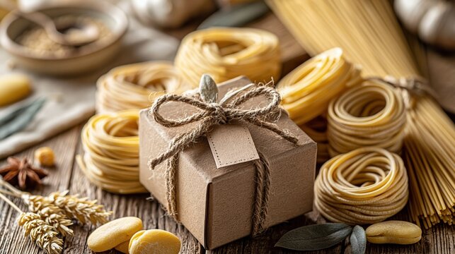Gourmet Pasta Gift Box Tied with Twine, Surrounded by Assorted Dry Noodles and Rustic Kitchen Ingredients