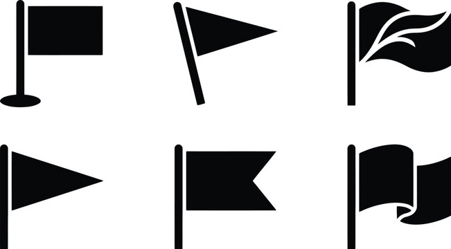 A collection of six black and white minimalist flag icons featuring various shapes and styles