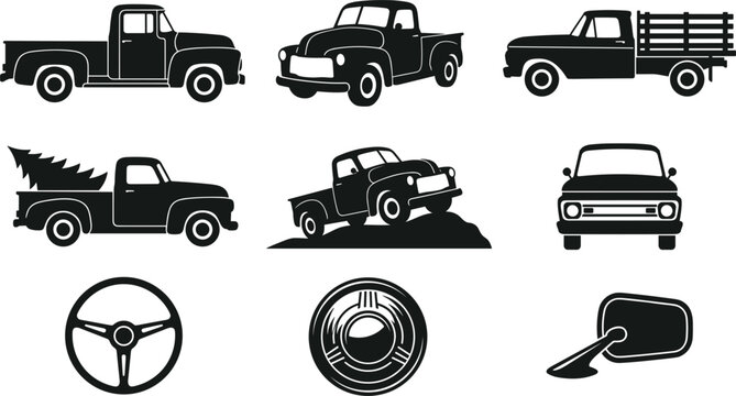 Vintage Pickup Truck Black Silhouette Icon Set with Steering Wheel, Hubcap, and Side Mirror Symbols for Automotive Workshops, Garage Logos, and Classic Car Vector Designs