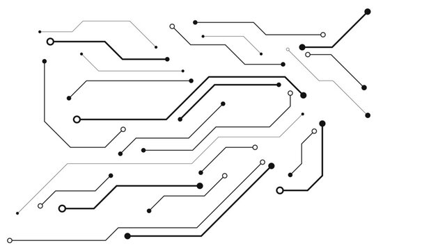 Detailed black circuit board schematic with interconnected lines and circular nodes on a white background, representing digital hardware