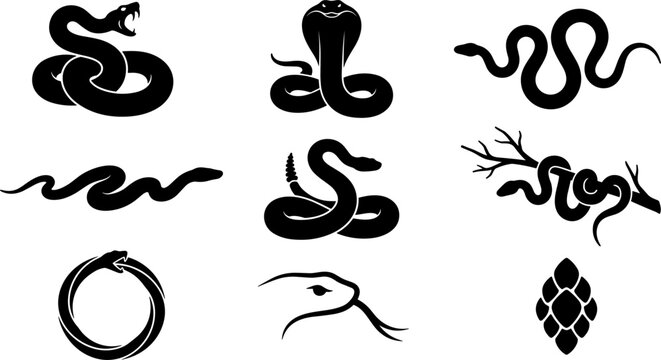 Snake and Serpent Black Silhouette Icon Set with Cobra, Rattlesnake, Ouroboros, and Viper Symbols for Tattoo Art, Mascot Logos, and Reptile Nature Vector Graphics
