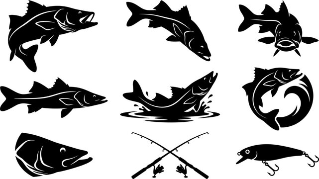 Snook Fish Black Silhouette Icon Set with Fishing Rods and Lure Symbols for Angling Tournaments, Club Logos, Decals, and Outdoor Sport Vectors