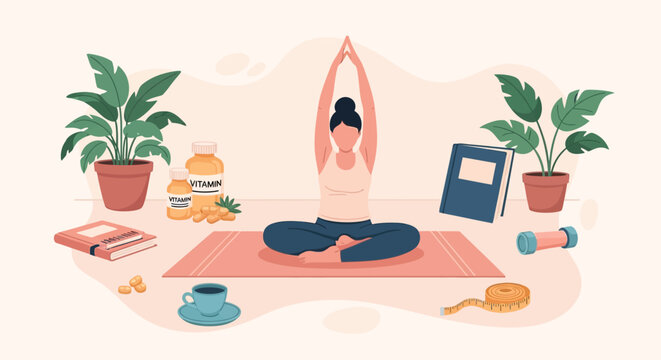 Woman meditating in lotus pose surrounded by plants and books.