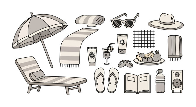 Beach vacation essentials flat lay with umbrella towels sunglasses hat sunscreen drinks fruits flip flops book music bottles and speaker
