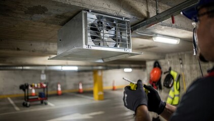 Fototapeta premium Technician inspecting a ceilingmounted garage exhaust fan with focus on the unit blurred background showing tools and safety gear in a confined parking deck.
