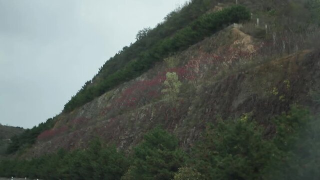 Roadside retaining wall along highway with sparse hillside vegetation