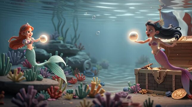 Mermaid Explorers Discovering Treasure Amid Oceanic Scene
