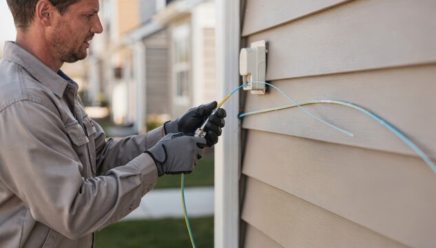 Technician threading fiber optic line along townhouse siding towards network terminal focus on tool and cable with other townhomes blurred in background.