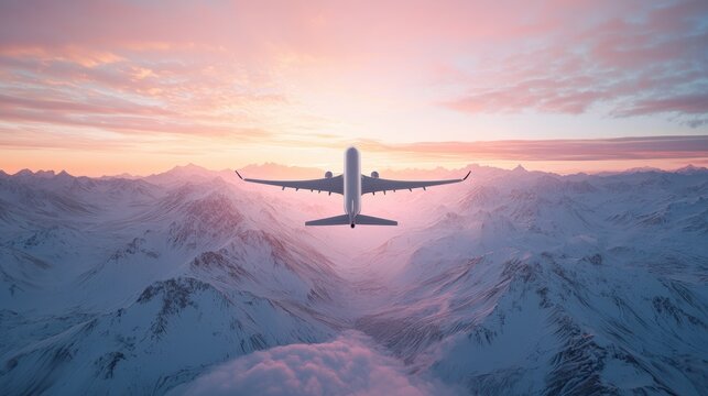 Flying Aerial view of a plane flying over snow capped mountains with sunlight reflecting on the snow.