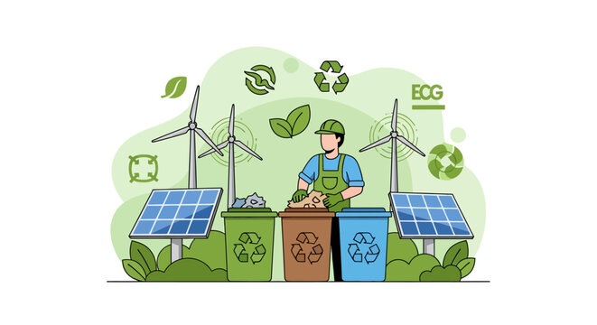 Worker sorting waste at recycling bins with solar panels and wind turbines.