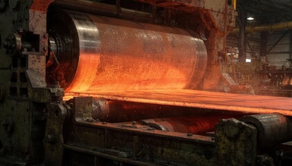 Obraz premium Side view of powerful rollers in a hot rolling mill roughing stand compressing a glowing redhot metal slab into a thinner strip showcasing industrial precision and heat.