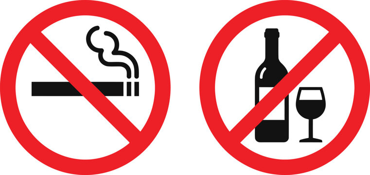 No smoking and no alcohol warning signs with prohibited symbols