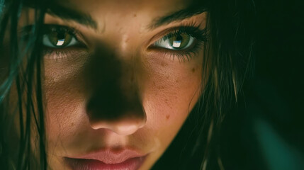 Fototapeta premium Young woman's face illuminated by smartphone screen in dark room, intense focus and connection with technology