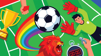 Obraz premium Dynamic soccer player in green jersey heading a ball on colorful stadium field