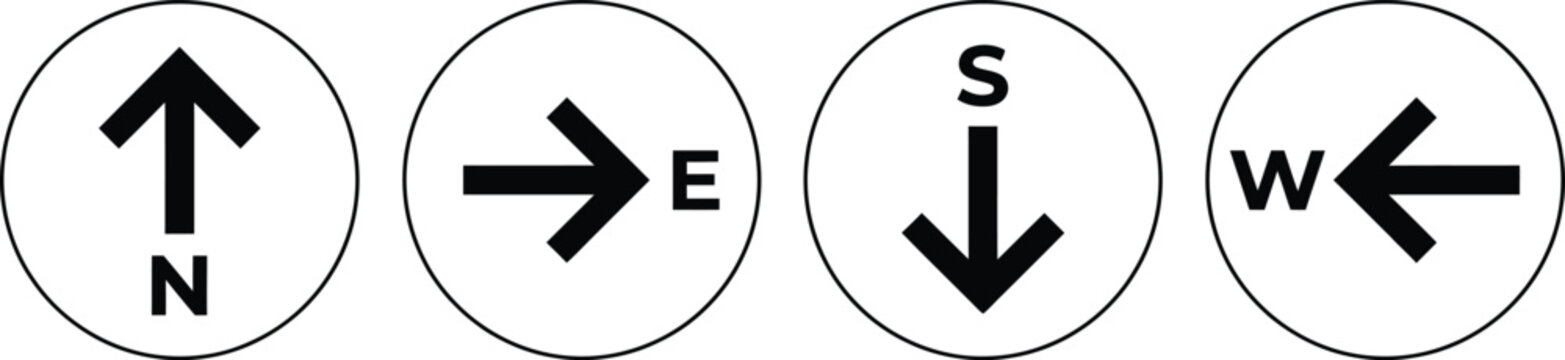 Four compass direction icons with arrows pointing north south east and west in black circles