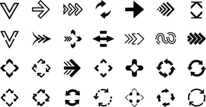 Set of black arrow icons and directional symbols for navigation and web design