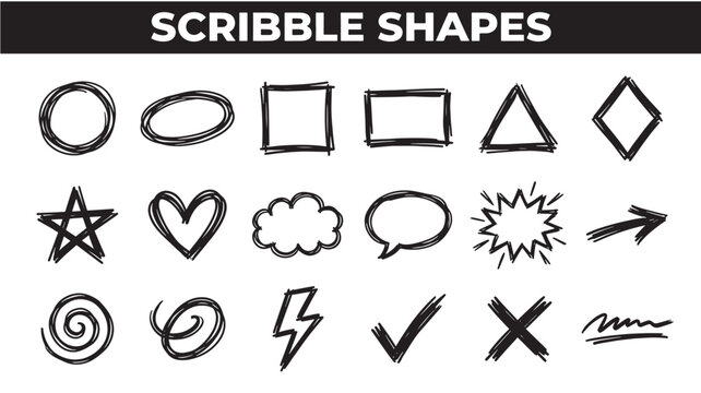 Scribble Shapes Set, Hand Drawn Stars Hearts Clouds and Abstract Doodle Elements Collection