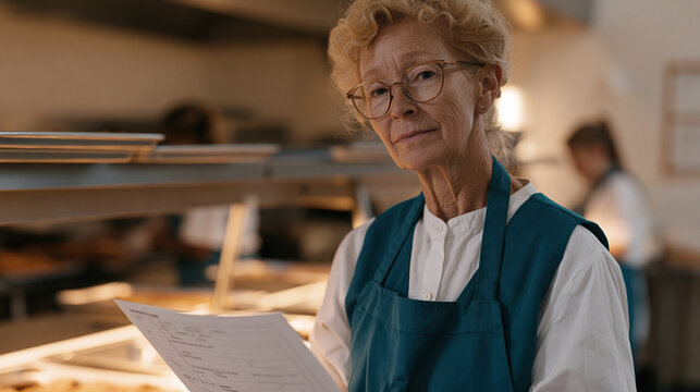 School nutrition coordinator in institutional kitchen reviewing free lunch program eligibility forms beside steam table, cafeteria staff preparing trays in background, policy and