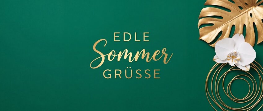 Edle Sommergr&uuml;&szlig;e goldene Monstera Orchidee auf gr&uuml;nem Hintergrund f&uuml;r elegante Einladungen; edle Gru&szlig;karte mit goldenem Monstera Blatt, wei&szlig;er Orchideenbl&uuml;te und goldenen Ringen als Sommerkarte.