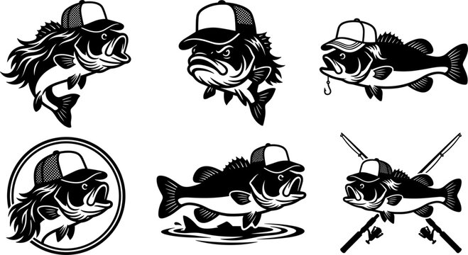 Bass Fishing Mascot Silhouette Icon Set with Fish Wearing Trucker Hats and Crossed Rod Symbols for Angling Clubs, Tournaments, and Outdoor Sport Vectors