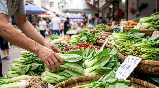 chinese market produce bok choy vegetables fresh street food local closeup cultural scene about street market produce display with fresh bok choy and vegetables showing everyday local food culture for