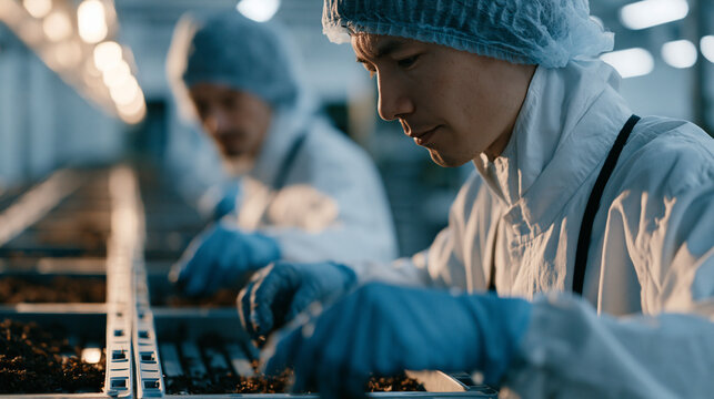 Workers in hairnets and biosecure suits harvest black soldier fly larvae from modular cultivation trays inside an insect protein farming facility, frass collection bins lining the