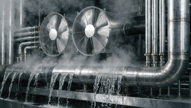 Medium shot capturing a chiller unit actively cooling recirculating water pipes highlighting efficient temperature control in casting equipment environments.