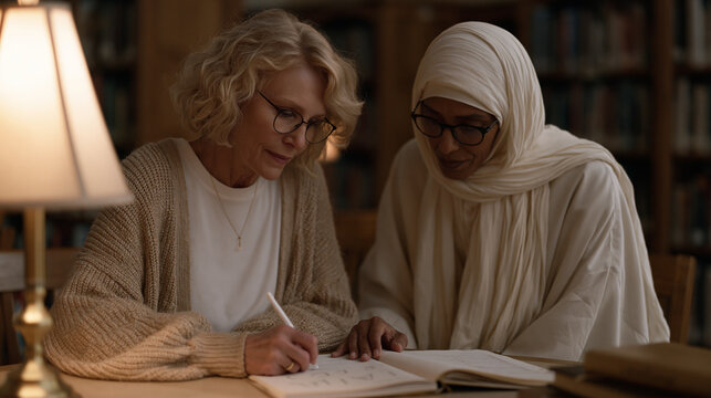 Middle-aged woman seated at a community library table traces alphabet letters in a workbook under soft lamp glow, an adult literacy tutor kneeling beside her with quiet