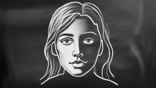 Drawing of a woman sketch with white chalk on blackboard footage